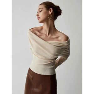 COMMENSE Beige Off Shoulder Wrap Draped Long Sleeve Knit Top L US 8-10